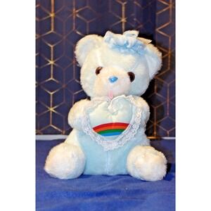 Vtg Commonwealth Rainbow & Ribbons 13" Sky Blue Rainbow Heart Bear 1983